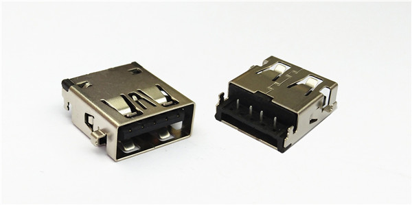 单层USB2.0 A-TYPE 正向沉板式 端子半金雾锡G.F 塑胶黑色PA9T C环保 前端堵5Pin槽 外壳SUS HF CH=0 W32mm卷装 无LOGO无喷码
