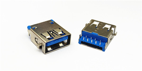 单层USB3.0 A-TYPE 正向沉板式 端子半金雾锡G.F 塑胶蓝色PA9T C环保 外壳SUS HF CH=0 W32mm卷装 无LOGO