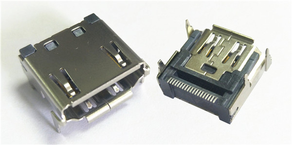 HDMI 19P SMT型母座 长体14.35 四脚无卡点 外壳后脚错位 前脚外张间距16.0 LCP黑胶环保防火