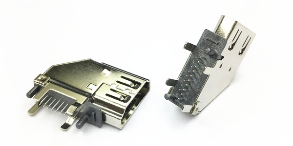 HDMI 90度 19P DIP 侧插式 LCP黑胶 端子半金雾锡G.F